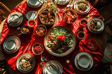 Wall Mural - asian oriental cuisine with different dishes on the red table