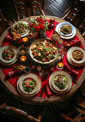 Wall Mural - asian oriental cuisine with different dishes on the red table