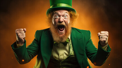 Wall Mural - st patrick's day man traditional green patrick costume shouts for joy he has good luck today