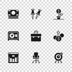 Sticker - Set Office chair, Financial growth dollar, Target financial goal, Briefcase, Dollar plant, Stacks paper money cash, Push pin and Safe icon. Vector