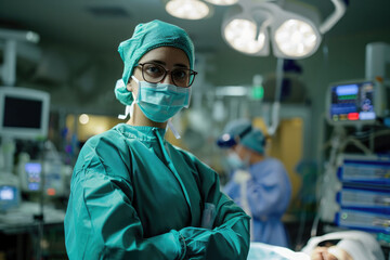 Wall Mural - portrait of a girl surgeon in a medical gown and mask in an operating theatre