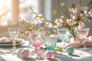 Pastel colored Easter table setting with delicate glassware. Table decor concept. Generative AI