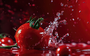 Wall Mural - tomatoes fall into the water with splashes on a dark red background