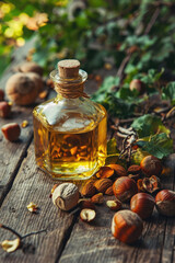 Wall Mural - a glass bottle of hazelnut oil stands on a wooden table next to a walnut tree