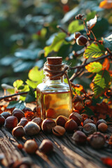 Wall Mural - a glass bottle of hazelnut oil stands on a wooden table next to a walnut tree