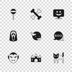 Wall Mural - Set Castle, Boo speech bubble, Black cat, Moon and stars, Happy Halloween holiday, Lollipop, Crossed bones and Funny scary ghost mask icon. Vector