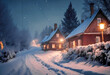 Krajobraz zimowy nocą. Zaśnieżona ulica z wiejskimi domami. światło z lamp