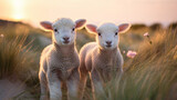 Fototapeta  - Little cute lambs at isle Texel the Netherlands.