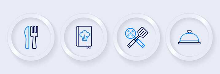 Poster - Set line Covered with tray of food, Spatula, Cookbook and Crossed knife and fork icon. Vector