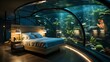 Underwater hotel bedroom with large curved glass window