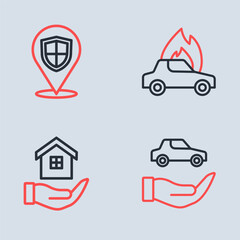 Wall Mural - Set line Burning car, House hand, Car insurance and Location shield icon. Vector