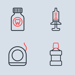 Poster - Set line Syringe, Dental floss, Mouthwash and Toothache painkiller tablet icon. Vector