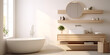 Stylish Bathroom Interior Featuring a Modern Tub, Wooden Ladder, and Bath Accessories in a Beautifully Decorated Space with Round Sink and Mirrors, Creative Comfort generative AI