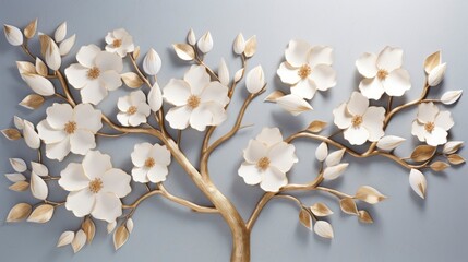 3d wallpaper floral tree with white flower leaves and golden stem
