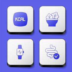 Poster - Set Kcal, Salad in bowl, Smart watch with heart and Intestines icon. White square button. Vector