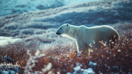 Sticker -  a polar bear standing in a field of tall brown grass and grass with a hill in the distance in the background.