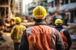A group of construction workers walking through a construction site, Three construction workers working on construction drawings and paperwork, AI Generated