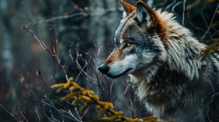 Poster -  a close up of a wolf in a field of grass and trees with yellow flowers in the foreground and a blurry background.