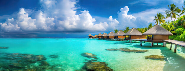 Wall Mural - Idyllic Overwater Bungalows in Tropical Paradise. Luxurious overwater bungalows extend over crystal-clear turquoise waters surrounded by vibrant greenery.