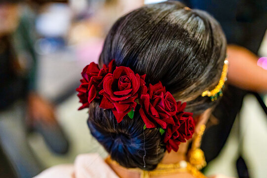 Indian bride's wedding hairdo hairstyle hair close up