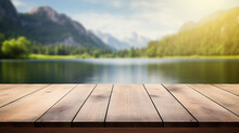 Empty Table In Front Of A Lake, Nature Event, Lake And Mountain Background For A Packshot Product, Photo Studio