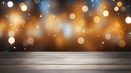 Empty wooden table top with lights bokeh on blurred blue background, snowing, winter product presentation template, blue and orange