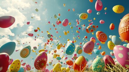 Sticker -  a bunch of balloons floating in the air over a field of grass with a blue sky and clouds in the background.