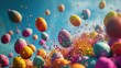 © Anna - a bunch of colorful balls floating in the air with colored sprinkles all around them on a blue sky background.