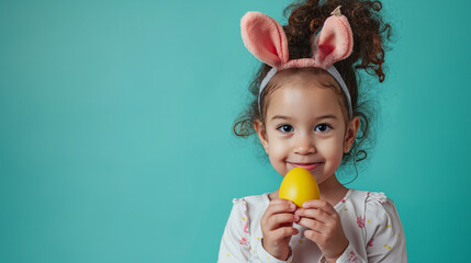 Poster - Cute little child girl wearing bunny ears on Easter day on teal color background. Girl holding painted Easter egg isolated on blue banner with copy space.