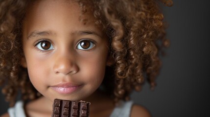 Portrait of adorable little girl eating chocolate. Close up of toddler child with dirty funny face isolated with copy space. 