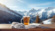 Glass of beer in front of a snowy mountain, beautiful nature background, wood table, restaurant and bar with beautiful landscape, winter beer, scarf and cold weather, winter sport, ski station, 