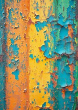 Old Green Paint On The Metal And Drips Of Rust. Grunge Vintage Texture For Background, Blue, Green, Teal, Yellow Old Banner With Copy Space.