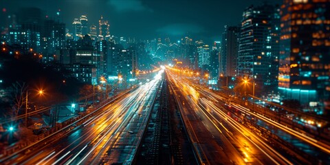 Aufkleber - Cityscape Connections: The illuminated web of data transfer intertwining the urban streets on the information highway of the Internet of Things