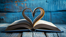 Open Book On A Wooden Table With Pages In The Shape Of A Heart