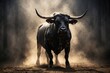 Black Spanish bull rearing in light smoke. ai generative