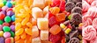 Vibrant candy assortment collage divided by white vertical lines under bright white light