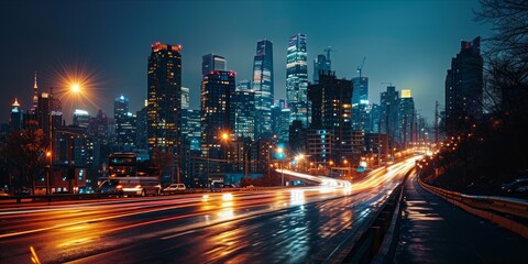 Aufkleber - Urban Connectivity in Motion: The dynamic dance of car lights on the information highway, weaving through city streets in the Internet of Things era