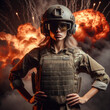 Strong army woman wearing bulletproof vest, helmet and goggles. Fire and explosions at backdrop. ai generative