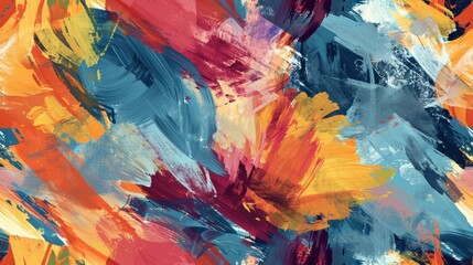 Sticker -  an abstract painting of multicolored paint splattered on a white background with red, yellow, blue, and orange colors.