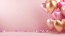 Happy Valentines Day Banner. Pink And Gold Hearts Foil Balloons With Gifts On Pink Valentines Day Background