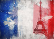 Ressource graphique, triple exposition Tour Eiffel symbole de la France et de Paris, le drapeau français bleu blanc rouge vintage et grunge et la carte de la France en forme d'hexagone.  JO PARIS 2024