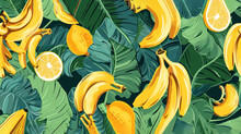  A Bunch Of Bananas And Limes On A Green Background With Leaves And A Slice Of Lemon In The Middle.