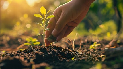 Poster -  a person's hand reaching for a plant that is sprouting out of the ground in a forest.