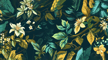 Sticker -  a painting of a bunch of leaves and flowers on a dark green background with yellow and white flowers and green leaves.