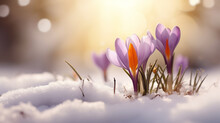 Purple Crocus Spring Flower Growing In Snow. Beautiful Floral Card With Brilliant Sparkling Background. Generative AI