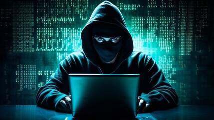 Hacker wear a hoodie and mask using a laptop in the room overlay with source code hologram. the concept of cybersecurity