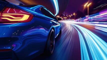 Rear view of blue Business car on high speed in turn. Blue car rushing along a high-speed highway