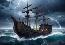 Old Medieval Ship, Floating On Waves On The Ocean In A Raging Hurricane.