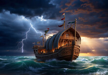 Old Medieval Ship, Floating On Waves On The Ocean In A Raging Hurricane.
