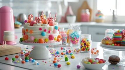 Sticker -  a birthday cake with sprinkles and candies on a table with other candies and confetti.